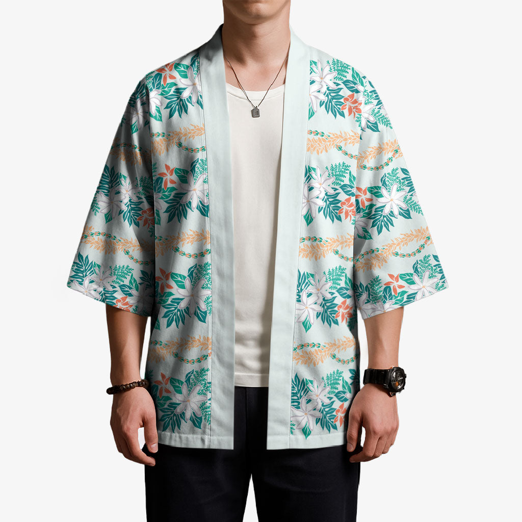 Monstera Tiare Plumeria Lei Pattern Kimono Teal Version