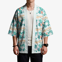 Monstera Tiare Plumeria Lei Pattern Kimono Teal Version