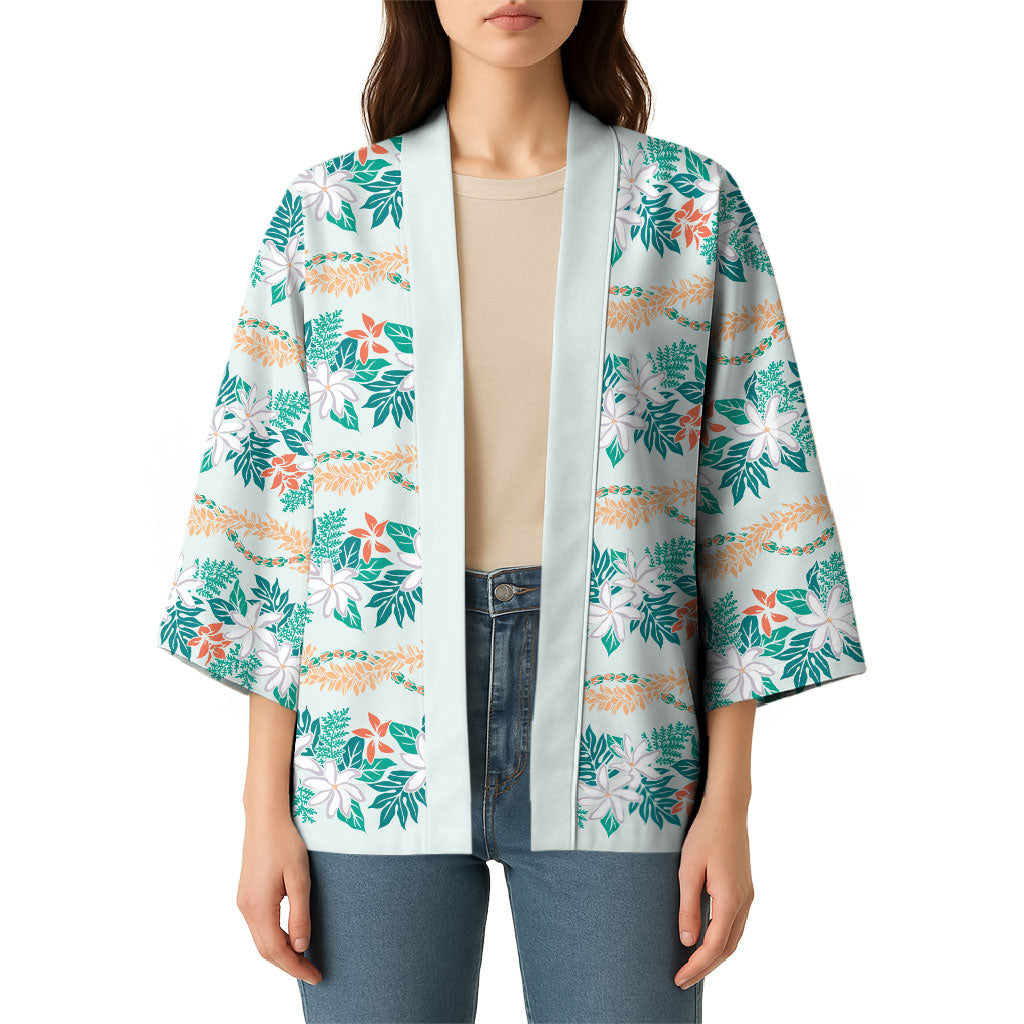 Monstera Tiare Plumeria Lei Pattern Kimono Teal Version
