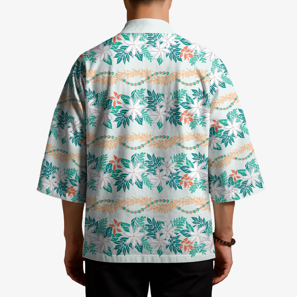 Monstera Tiare Plumeria Lei Pattern Kimono Teal Version