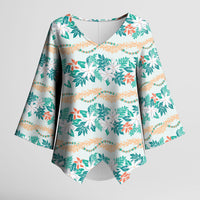 Monstera Tiare Plumeria Lei Pattern Kimono Sleeve Blouse Teal Version LT01 Female Teal - Polynesian Pride