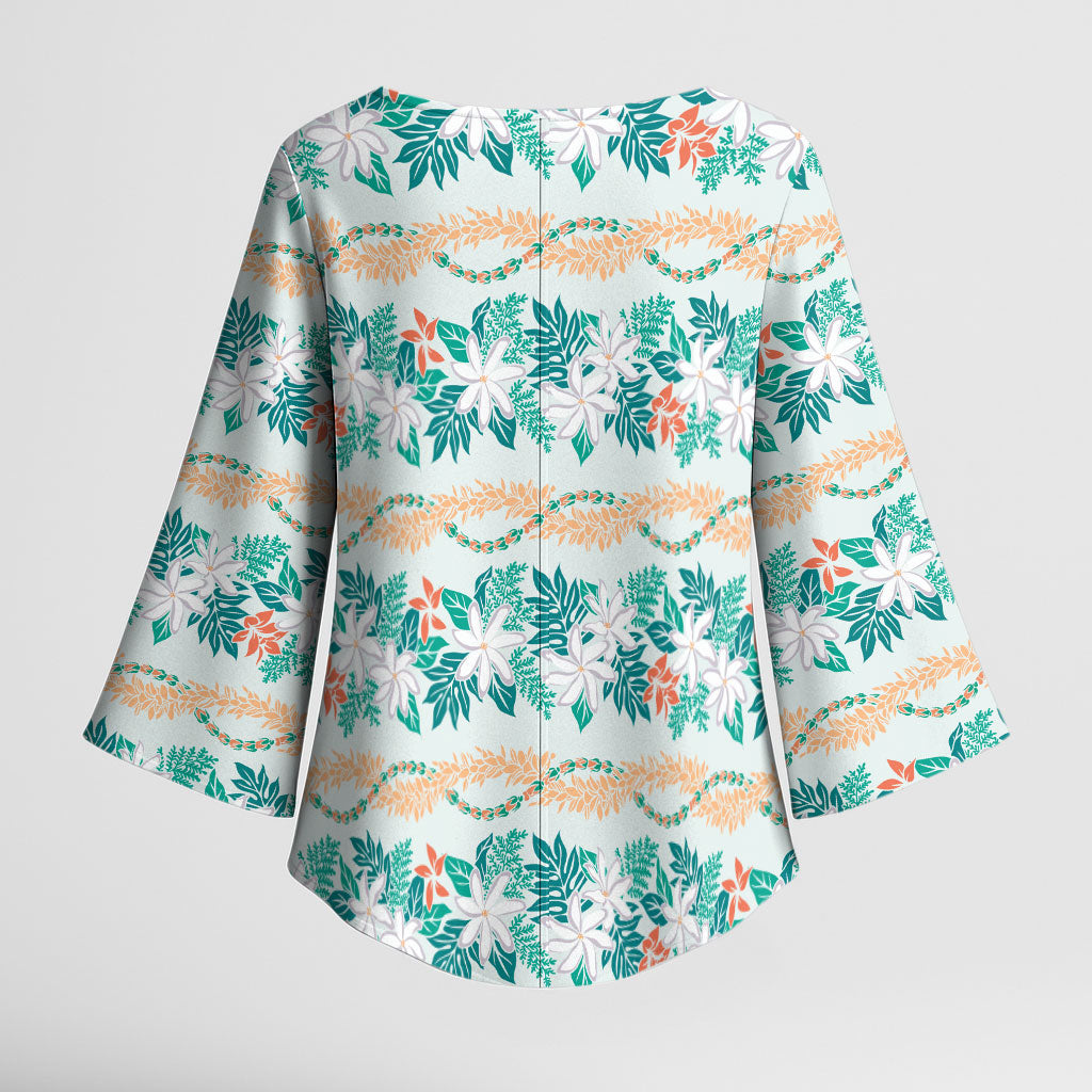 Monstera Tiare Plumeria Lei Pattern Kimono Sleeve Blouse Teal Version LT01 - Polynesian Pride