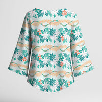 Monstera Tiare Plumeria Lei Pattern Kimono Sleeve Blouse Teal Version LT01 - Polynesian Pride