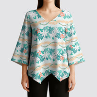 Monstera Tiare Plumeria Lei Pattern Kimono Sleeve Blouse Teal Version LT01 - Polynesian Pride