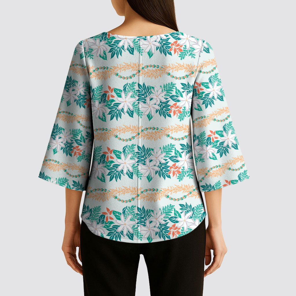 Monstera Tiare Plumeria Lei Pattern Kimono Sleeve Blouse Teal Version LT01 - Polynesian Pride