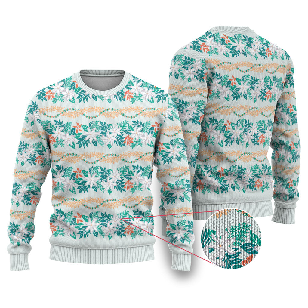 Monstera Tiare Plumeria Lei Pattern Ugly Christmas Sweater Teal Version LT01 Teal - Polynesian Pride