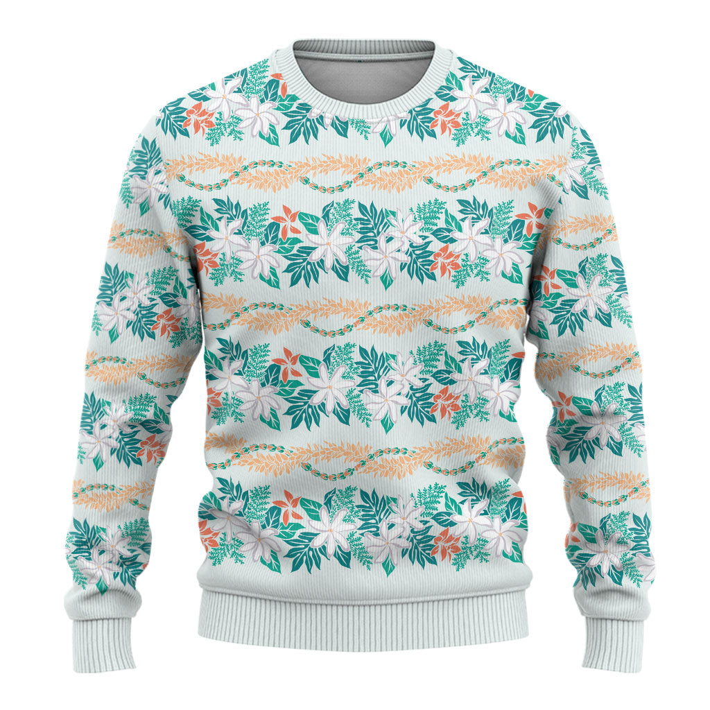 Monstera Tiare Plumeria Lei Pattern Ugly Christmas Sweater Teal Version LT01 - Polynesian Pride