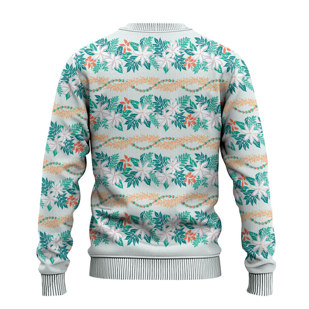 Monstera Tiare Plumeria Lei Pattern Ugly Christmas Sweater Teal Version LT01 - Polynesian Pride