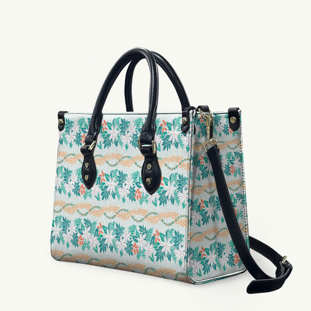 Monstera Tiare Plumeria Lei Pattern Leather Bag Teal Version