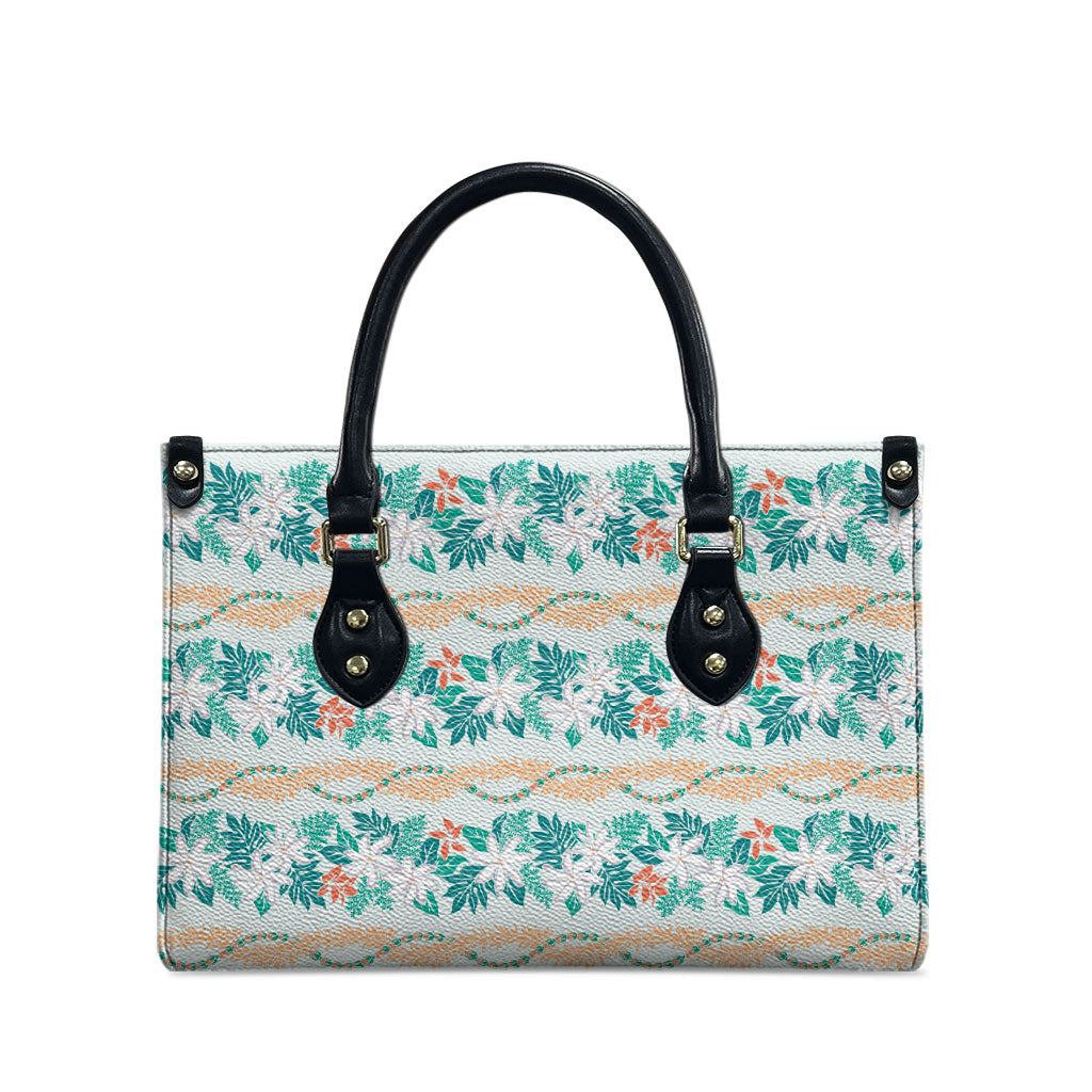 Monstera Tiare Plumeria Lei Pattern Leather Bag Teal Version