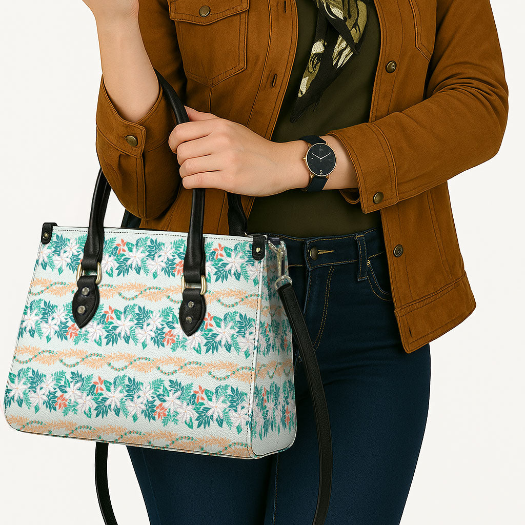 Monstera Tiare Plumeria Lei Pattern Leather Bag Teal Version