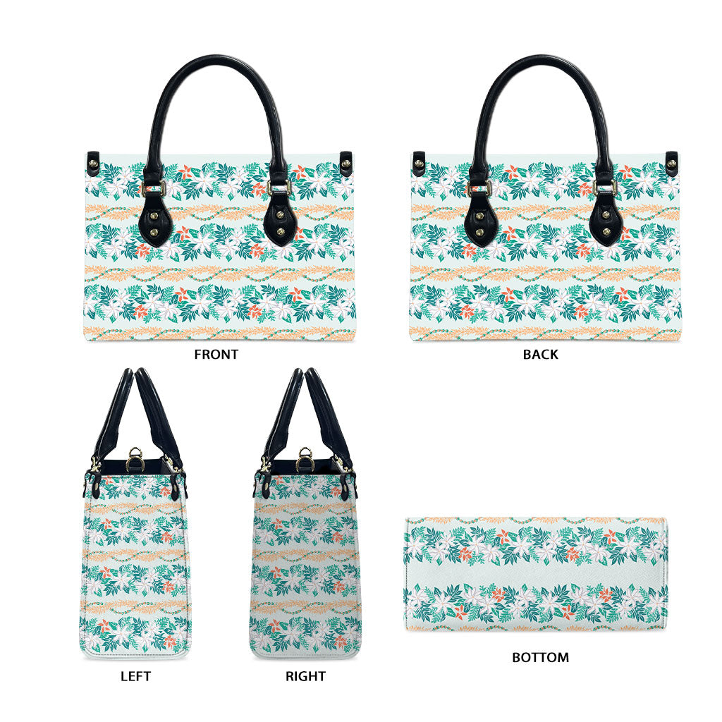 Monstera Tiare Plumeria Lei Pattern Leather Bag Teal Version