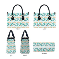 Monstera Tiare Plumeria Lei Pattern Leather Bag Teal Version