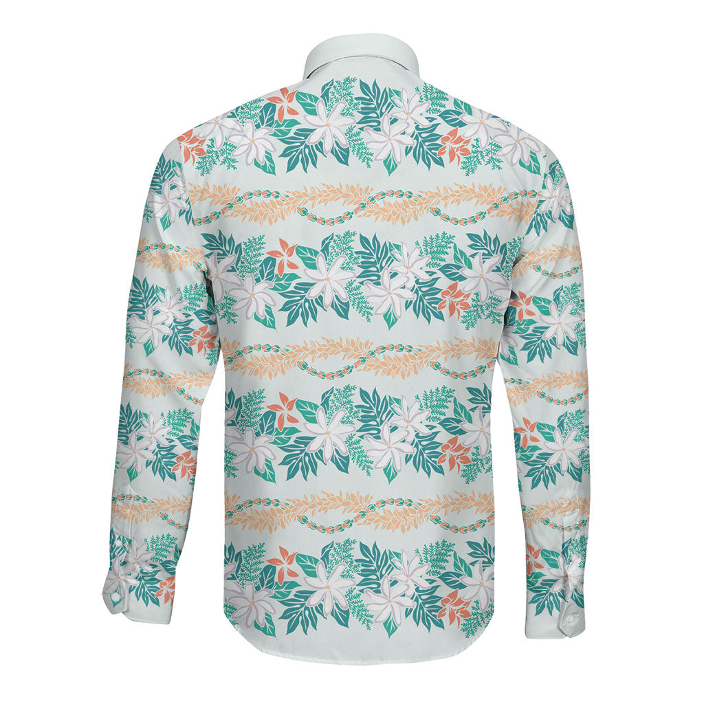 Monstera Tiare Plumeria Lei Pattern Long Sleeve Button Shirt Teal Version LT01 - Polynesian Pride