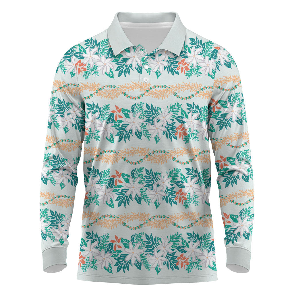 Monstera Tiare Plumeria Lei Pattern Long Sleeve Polo Shirt Teal Version LT01 Teal - Polynesian Pride