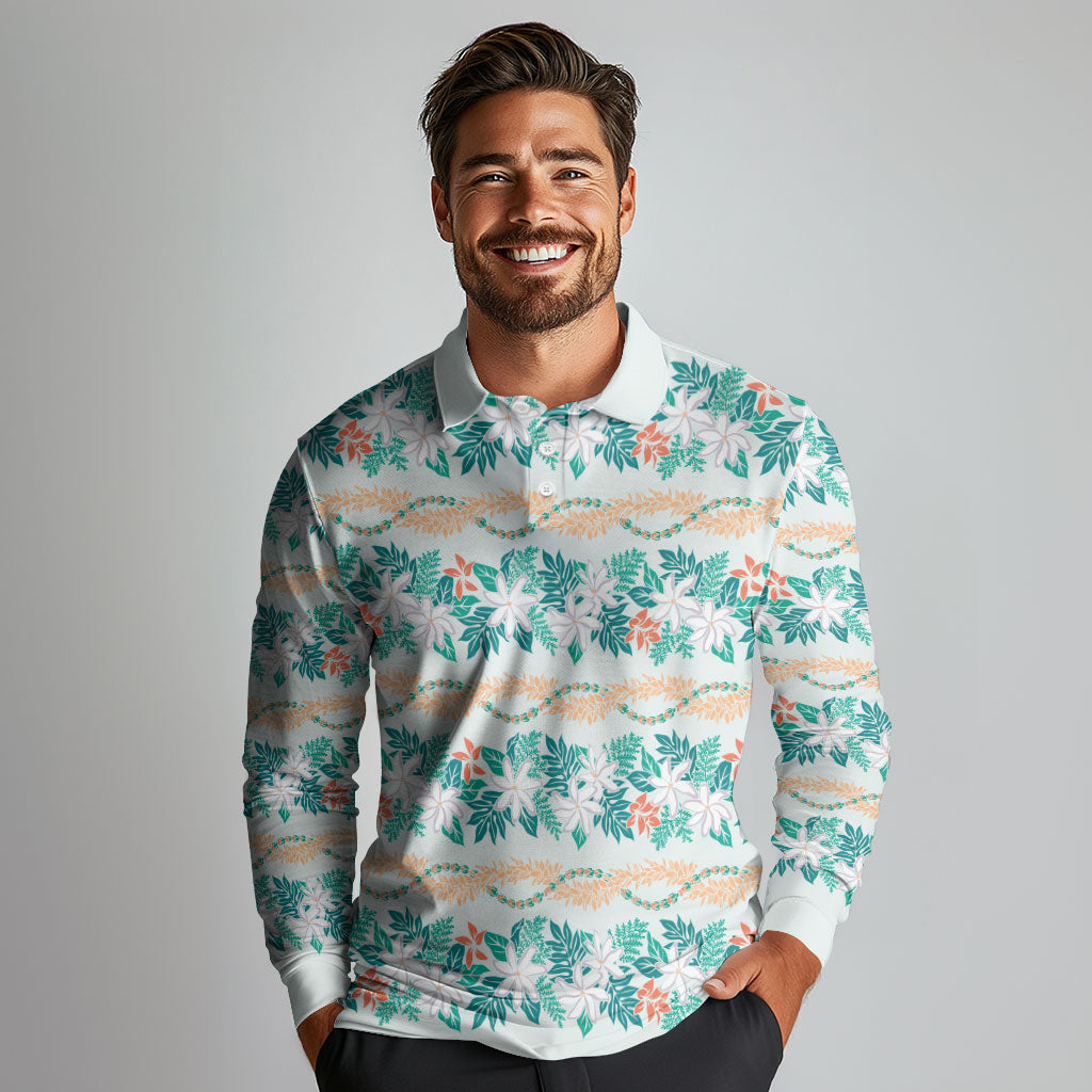 Monstera Tiare Plumeria Lei Pattern Long Sleeve Polo Shirt Teal Version LT01 - Polynesian Pride