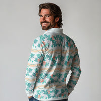 Monstera Tiare Plumeria Lei Pattern Long Sleeve Polo Shirt Teal Version LT01 - Polynesian Pride