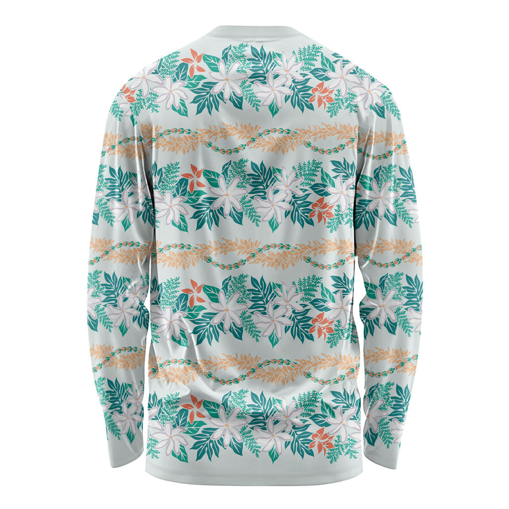 Monstera Tiare Plumeria Lei Pattern Long Sleeve Shirt Teal Version LT01 - Polynesian Pride