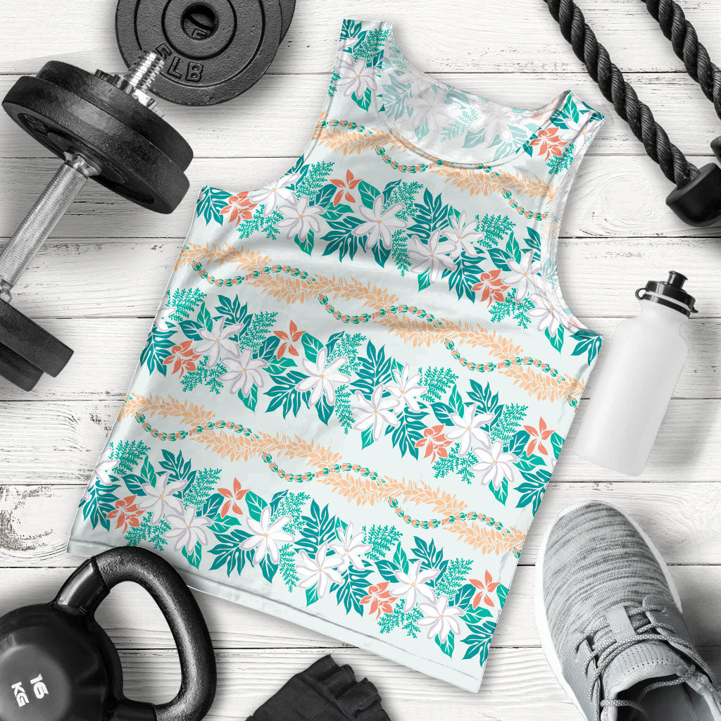 Monstera Tiare Plumeria Lei Pattern Men Tank Top Teal Version LT01 - Polynesian Pride