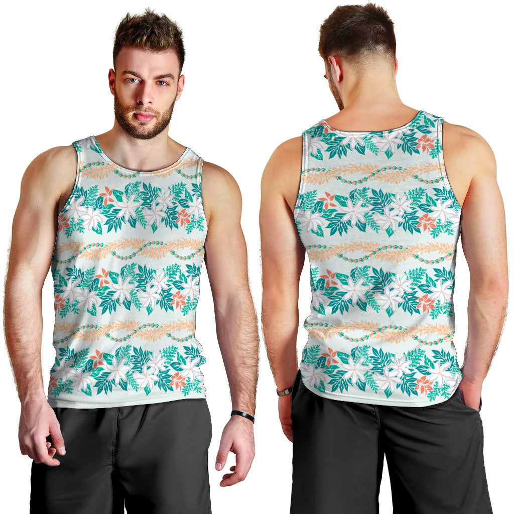 Monstera Tiare Plumeria Lei Pattern Men Tank Top Teal Version LT01 - Polynesian Pride