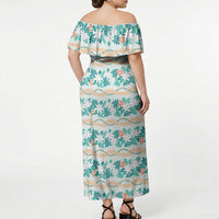 Monstera Tiare Plumeria Lei Pattern Off Shoulder Maxi Dress Teal Version