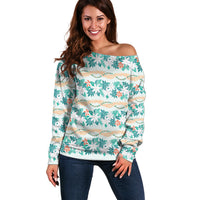 Monstera Tiare Plumeria Lei Pattern Off Shoulder Sweater Teal Version