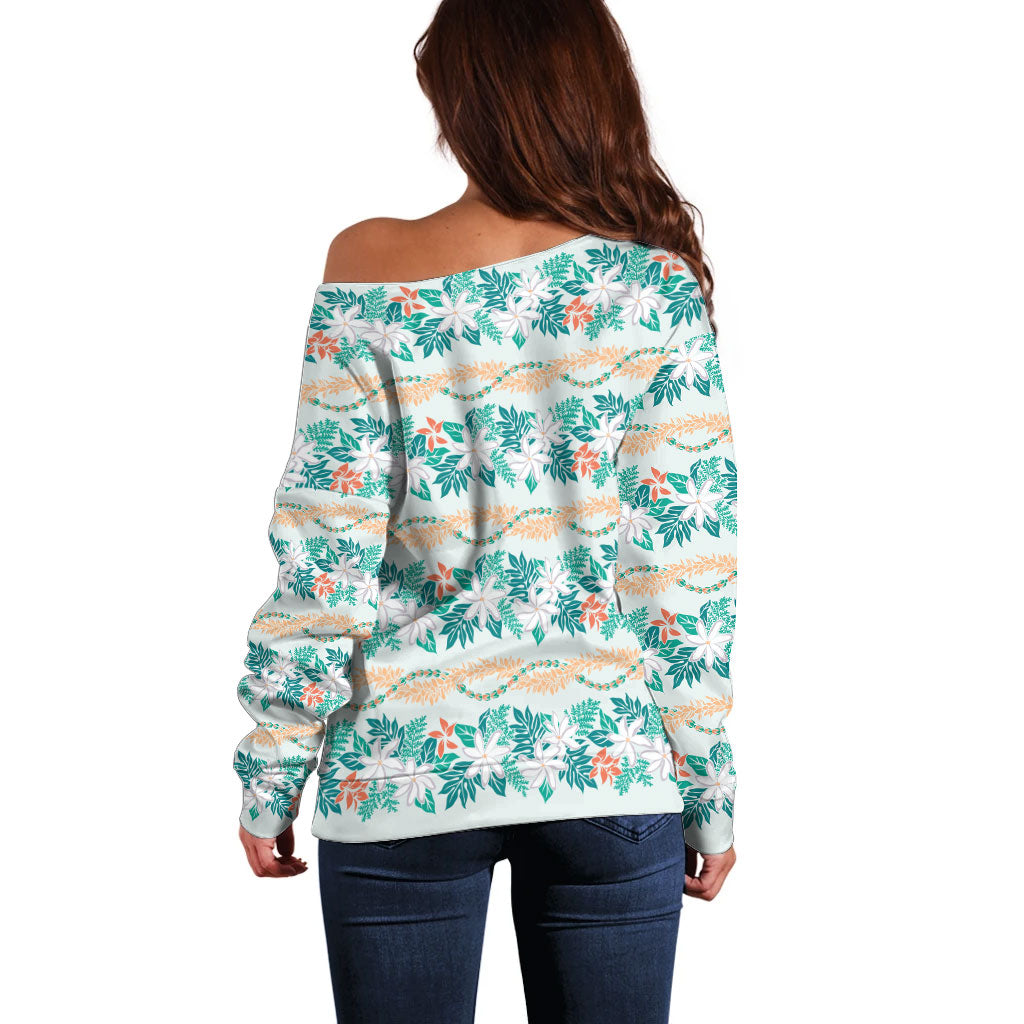 Monstera Tiare Plumeria Lei Pattern Off Shoulder Sweater Teal Version