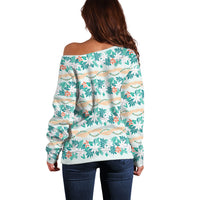 Monstera Tiare Plumeria Lei Pattern Off Shoulder Sweater Teal Version