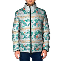 Monstera Tiare Plumeria Lei Pattern Padded Jacket Teal Version