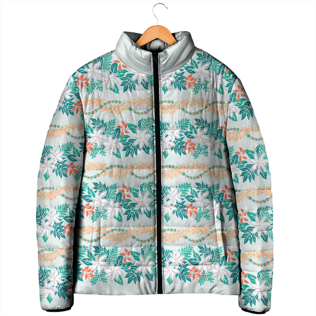 Monstera Tiare Plumeria Lei Pattern Padded Jacket Teal Version