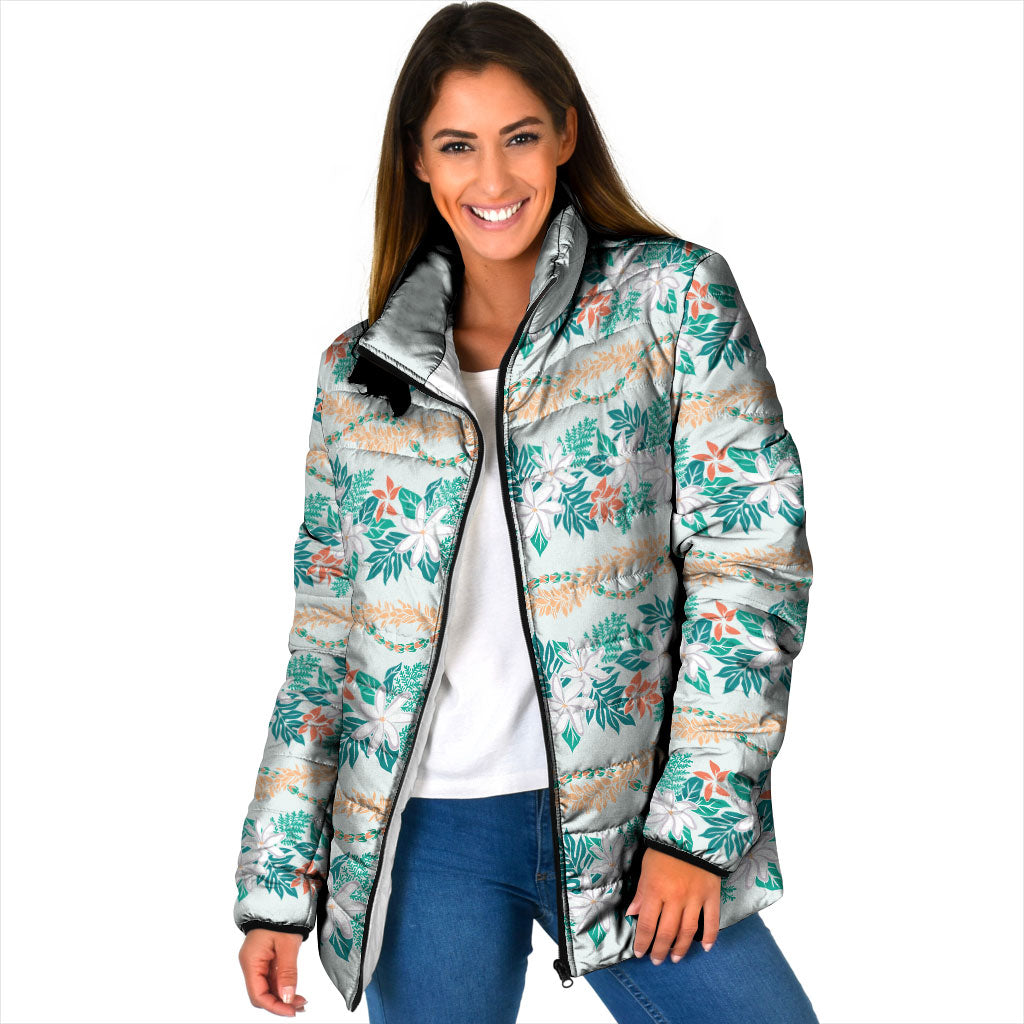 Monstera Tiare Plumeria Lei Pattern Padded Jacket Teal Version