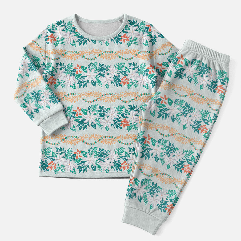 Monstera Tiare Plumeria Lei Pattern Christmas Pajama Set Teal Version