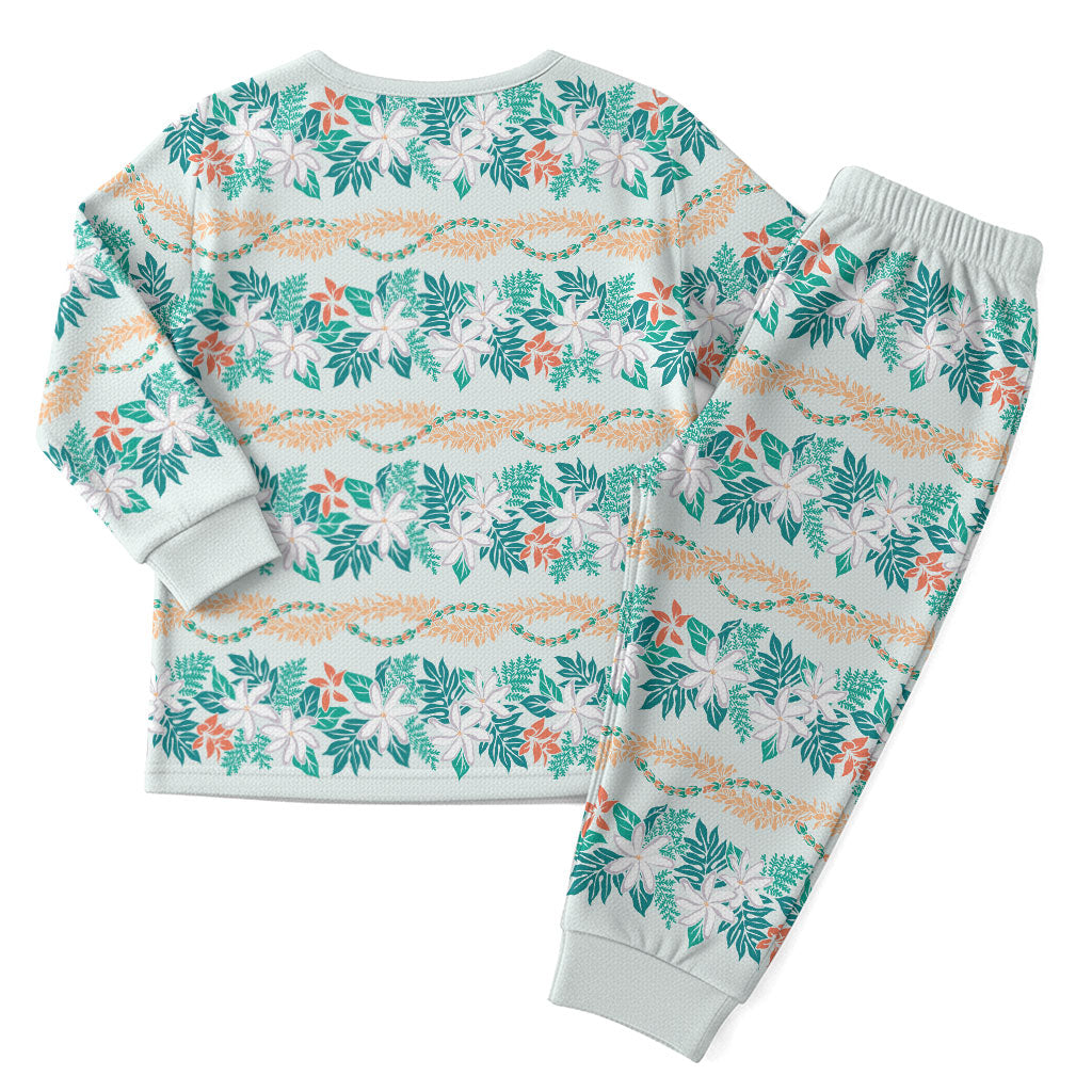 Monstera Tiare Plumeria Lei Pattern Christmas Pajama Set Teal Version