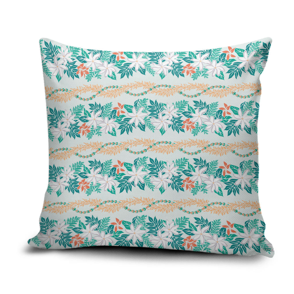 Monstera Tiare Plumeria Lei Pattern Pillow Cover Teal Version