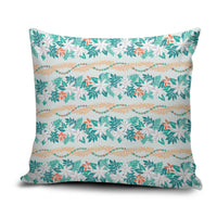 Monstera Tiare Plumeria Lei Pattern Pillow Cover Teal Version