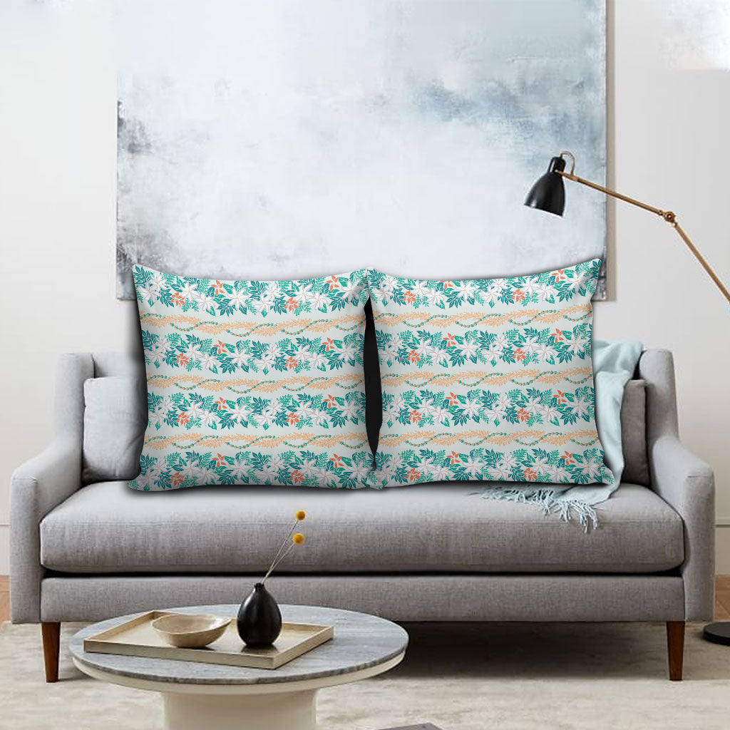 Monstera Tiare Plumeria Lei Pattern Pillow Cover Teal Version