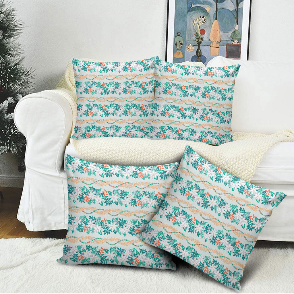 Monstera Tiare Plumeria Lei Pattern Pillow Cover Teal Version