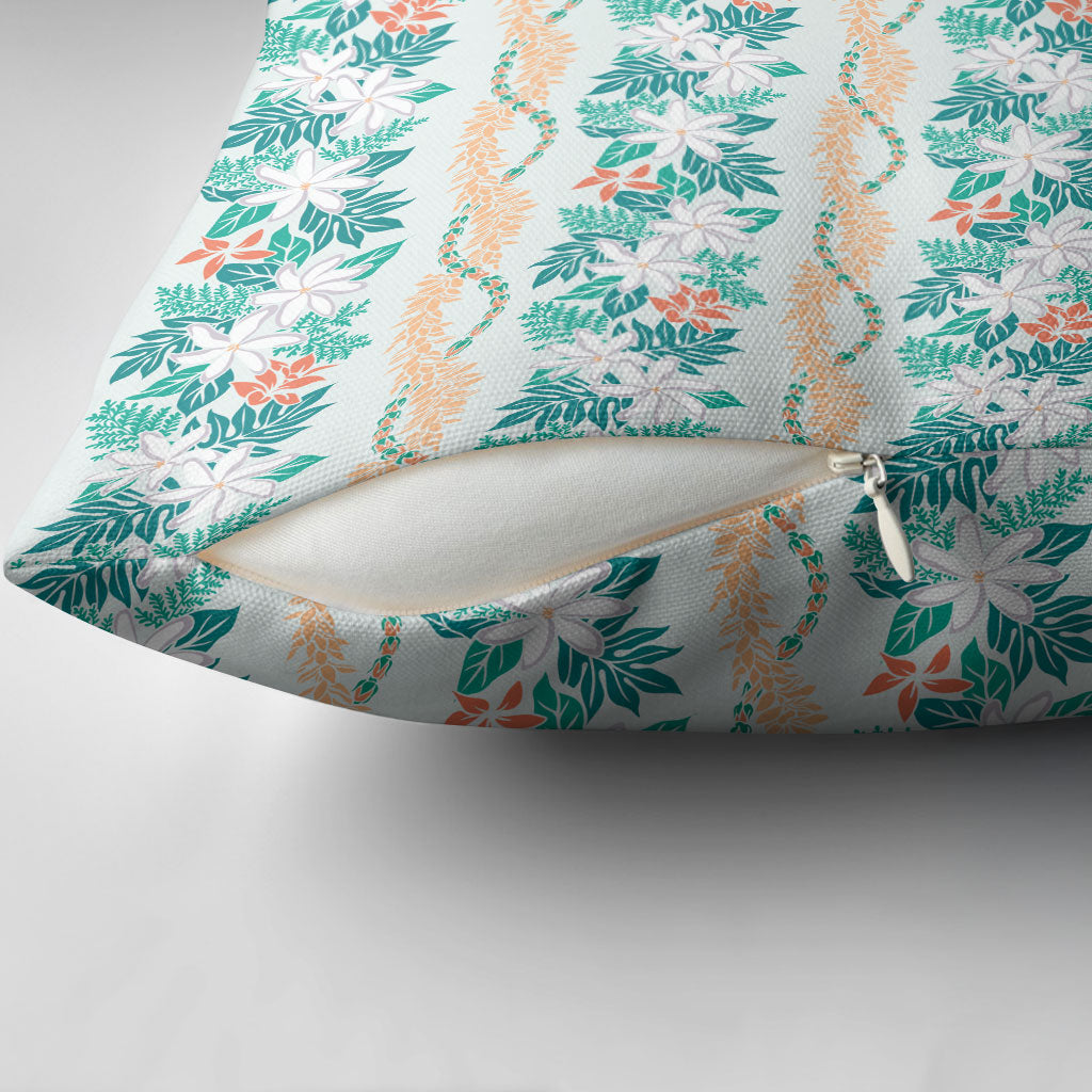 Monstera Tiare Plumeria Lei Pattern Pillow Cover Teal Version