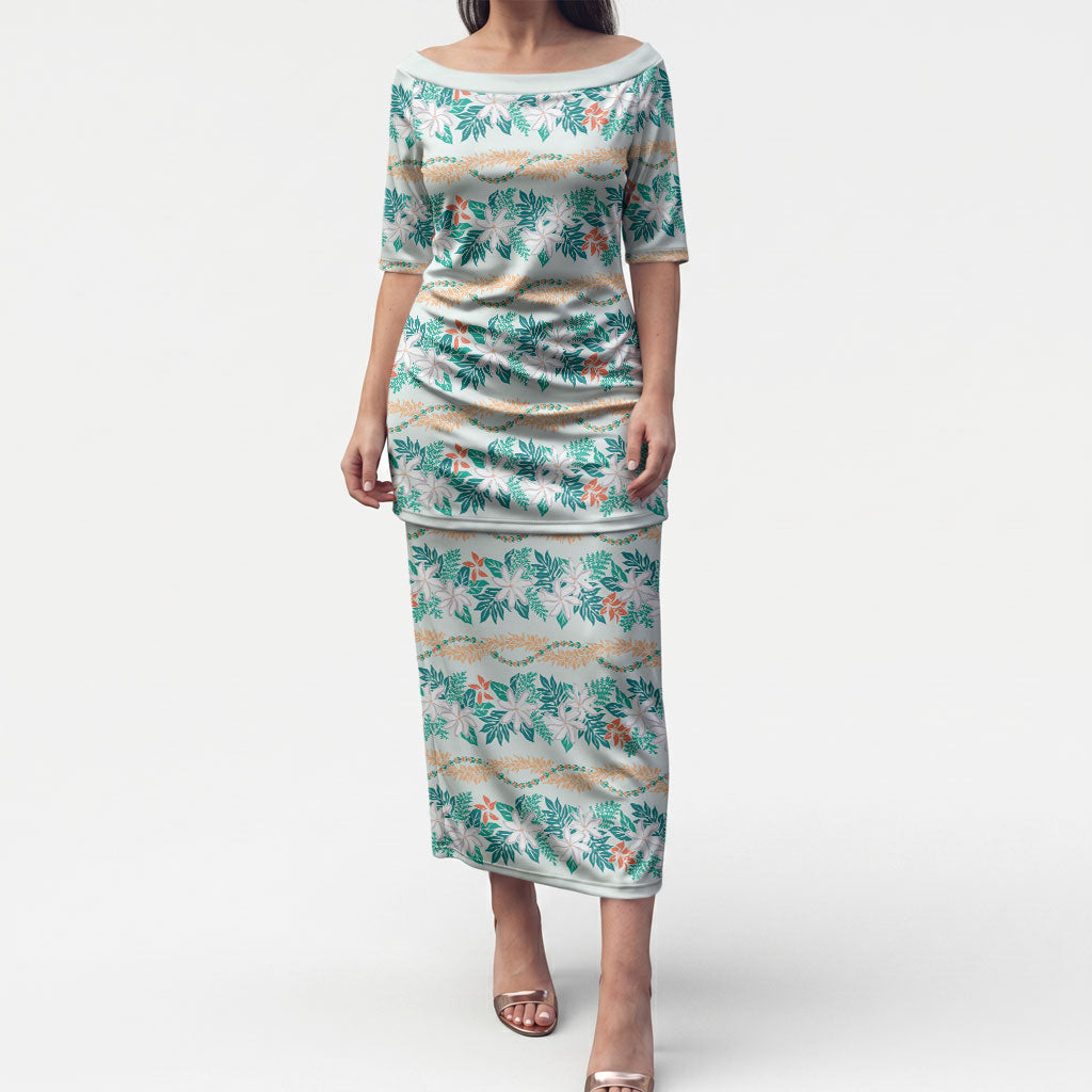 Monstera Tiare Plumeria Lei Pattern Puletasi Teal Version