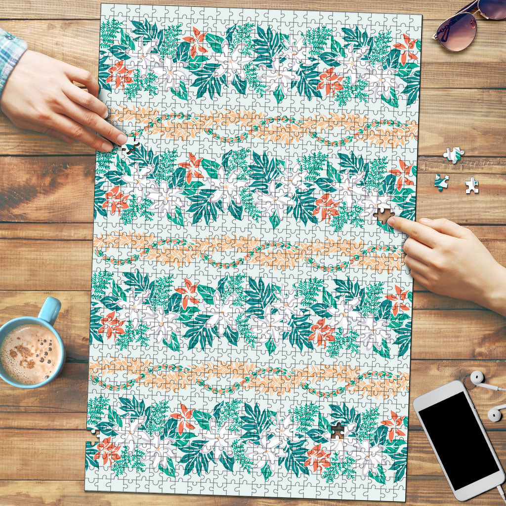 Monstera Tiare Plumeria Lei Pattern Puzzle Teal Version