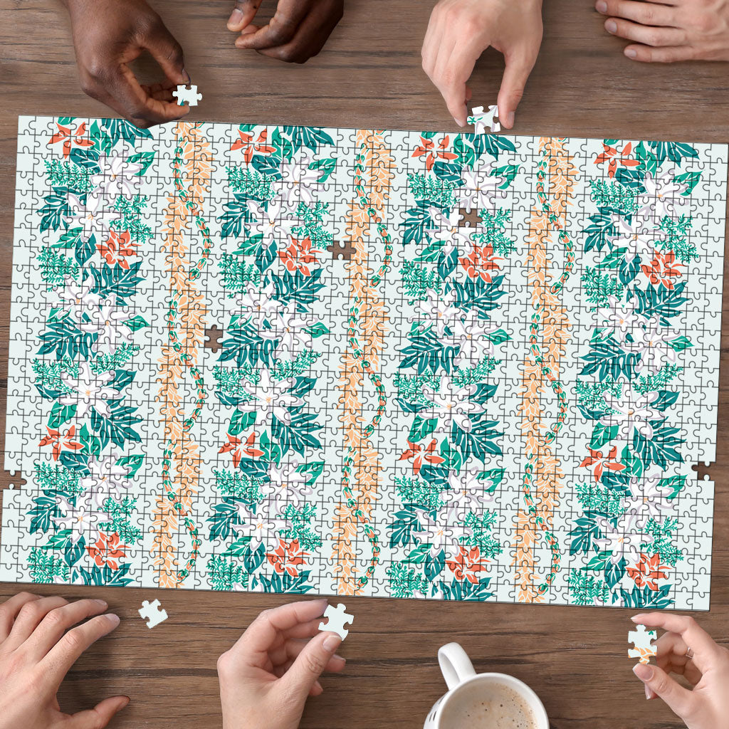 Monstera Tiare Plumeria Lei Pattern Puzzle Teal Version