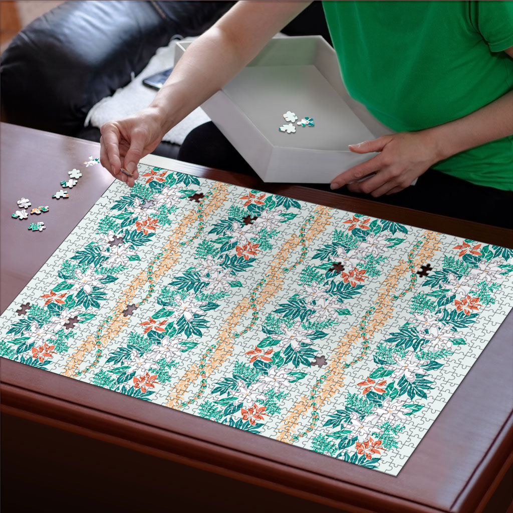 Monstera Tiare Plumeria Lei Pattern Puzzle Teal Version