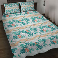 Monstera Tiare Plumeria Lei Pattern Quilt Bed Set Teal Version