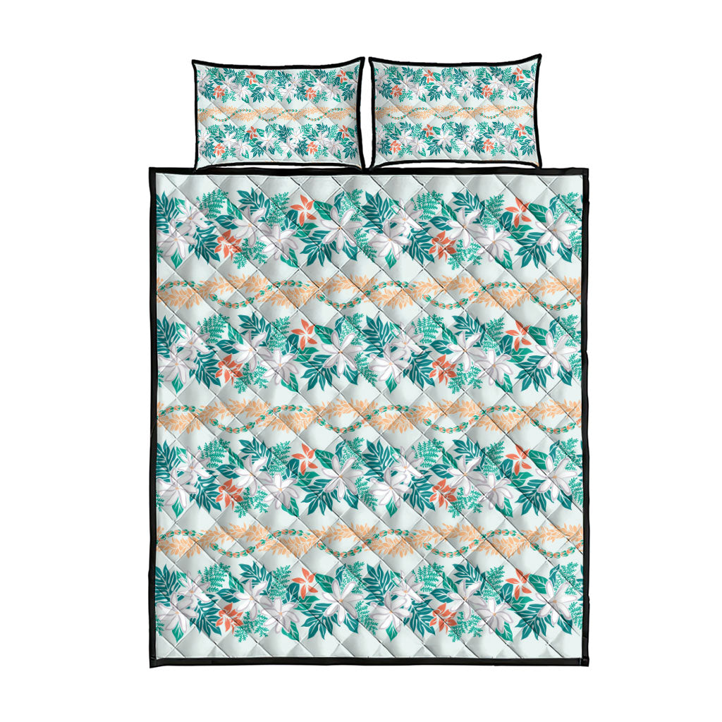 Monstera Tiare Plumeria Lei Pattern Quilt Bed Set Teal Version