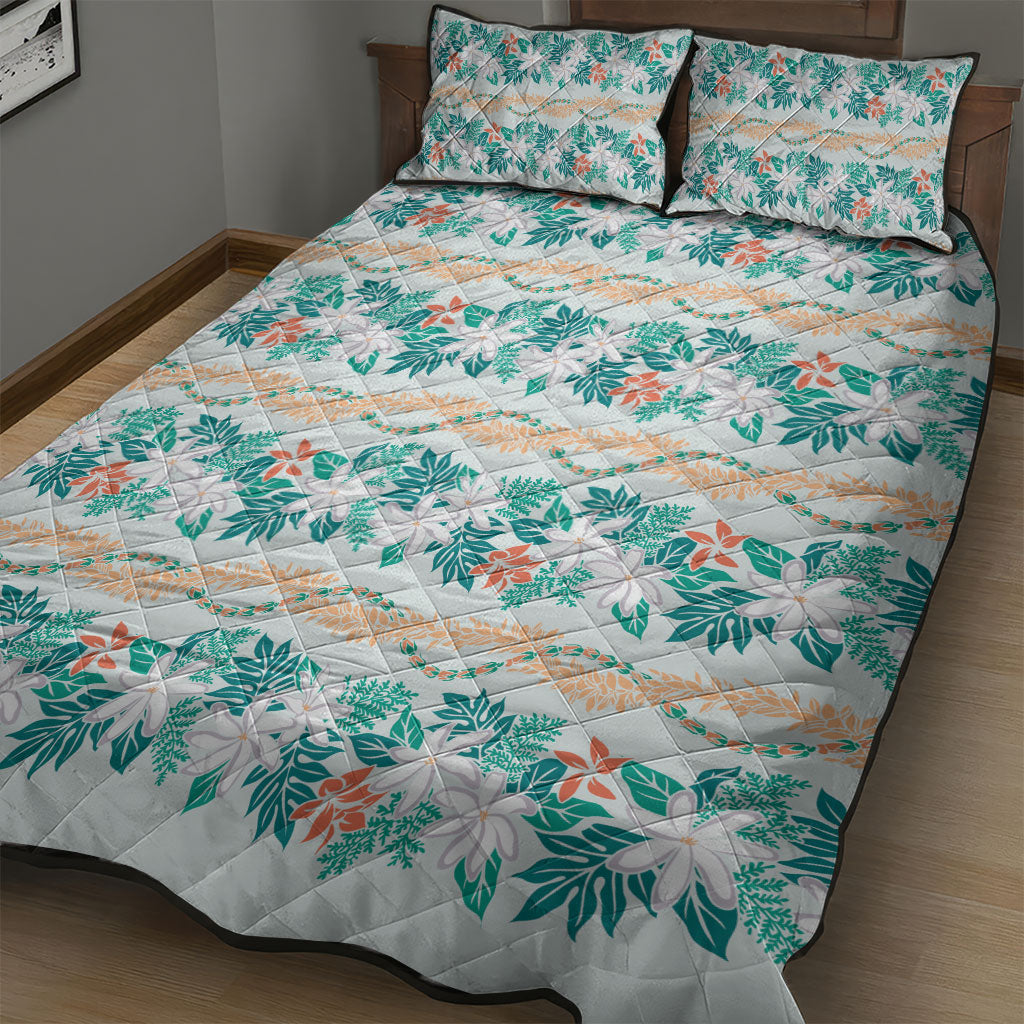 Monstera Tiare Plumeria Lei Pattern Quilt Bed Set Teal Version