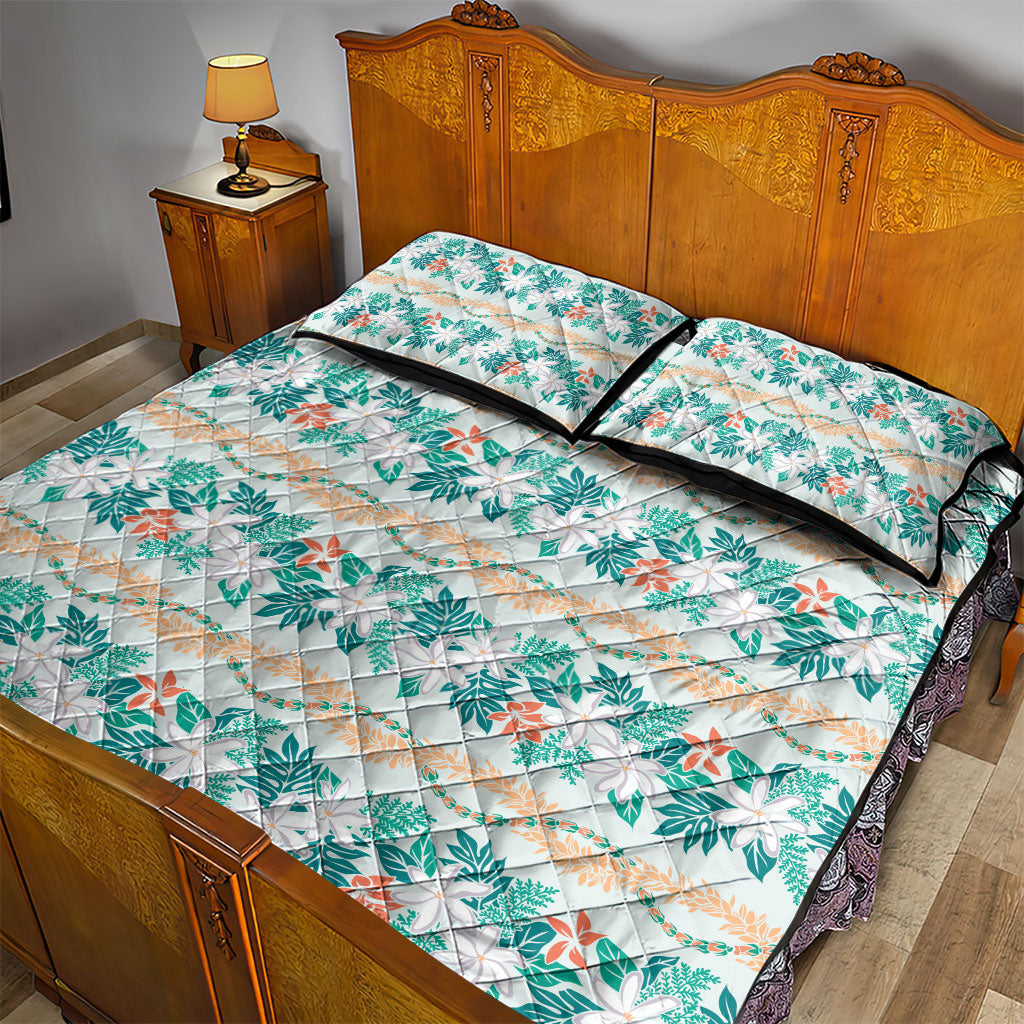 Monstera Tiare Plumeria Lei Pattern Quilt Bed Set Teal Version