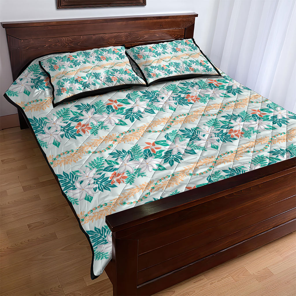 Monstera Tiare Plumeria Lei Pattern Quilt Bed Set Teal Version