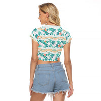 Monstera Tiare Plumeria Lei Pattern Raglan Cropped T Shirt Teal Version