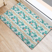 Monstera Tiare Plumeria Lei Pattern Rubber Doormat Teal Version