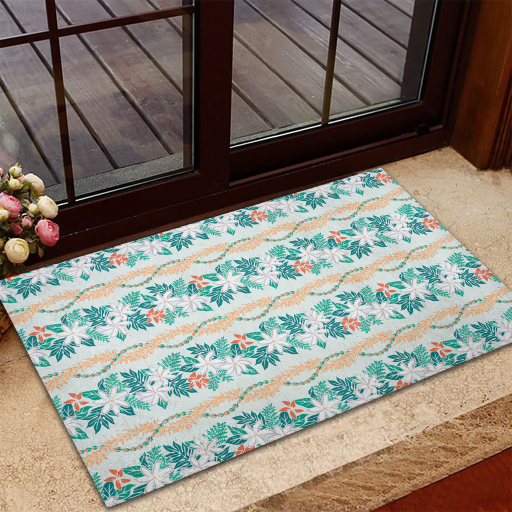 Monstera Tiare Plumeria Lei Pattern Rubber Doormat Teal Version